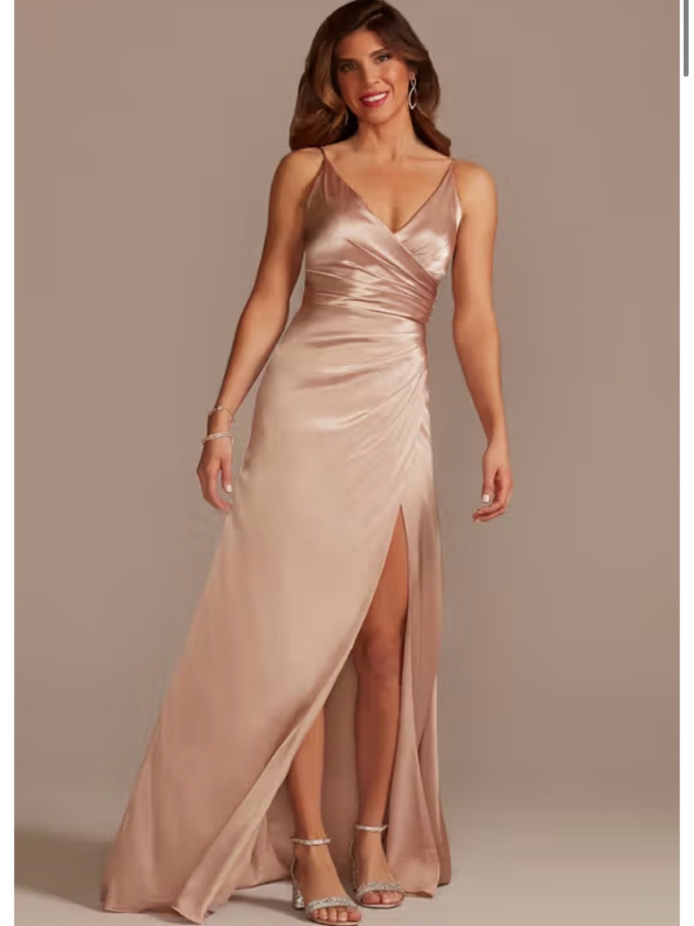 David's Bridal Charmeuse Draped Strappy Dress in Sand